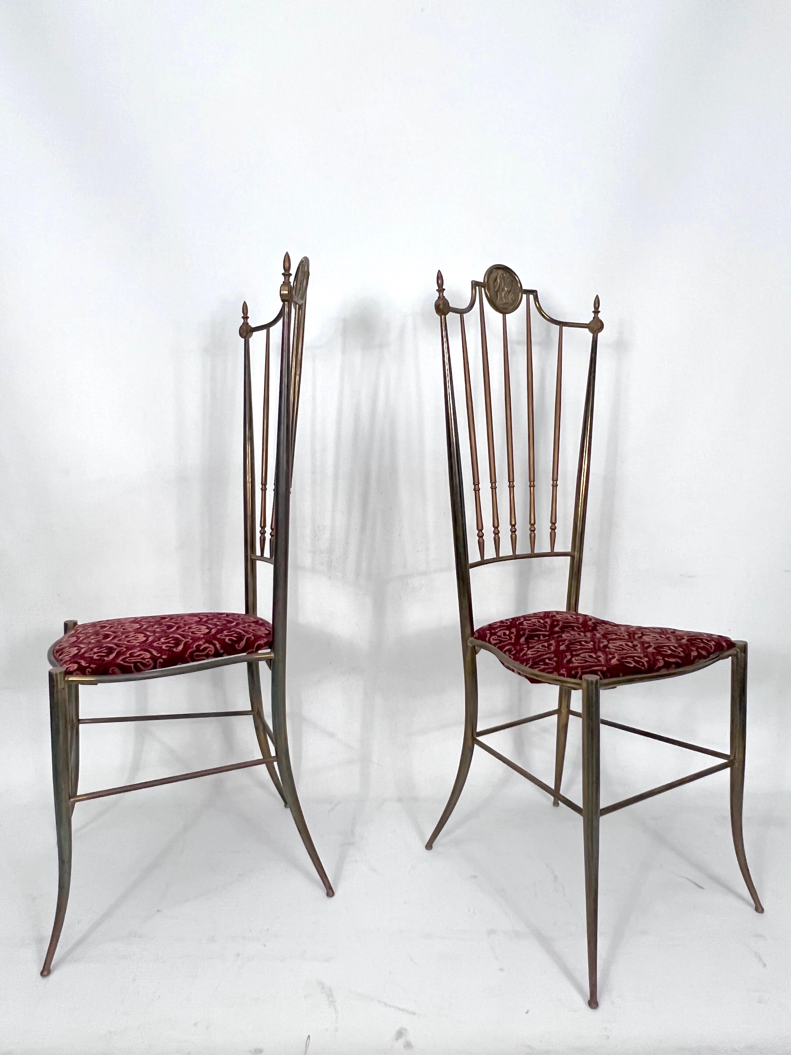 Vintage Pair of Brass Tall Chairs from Chiavari, Italy, 1950s For Sale 1