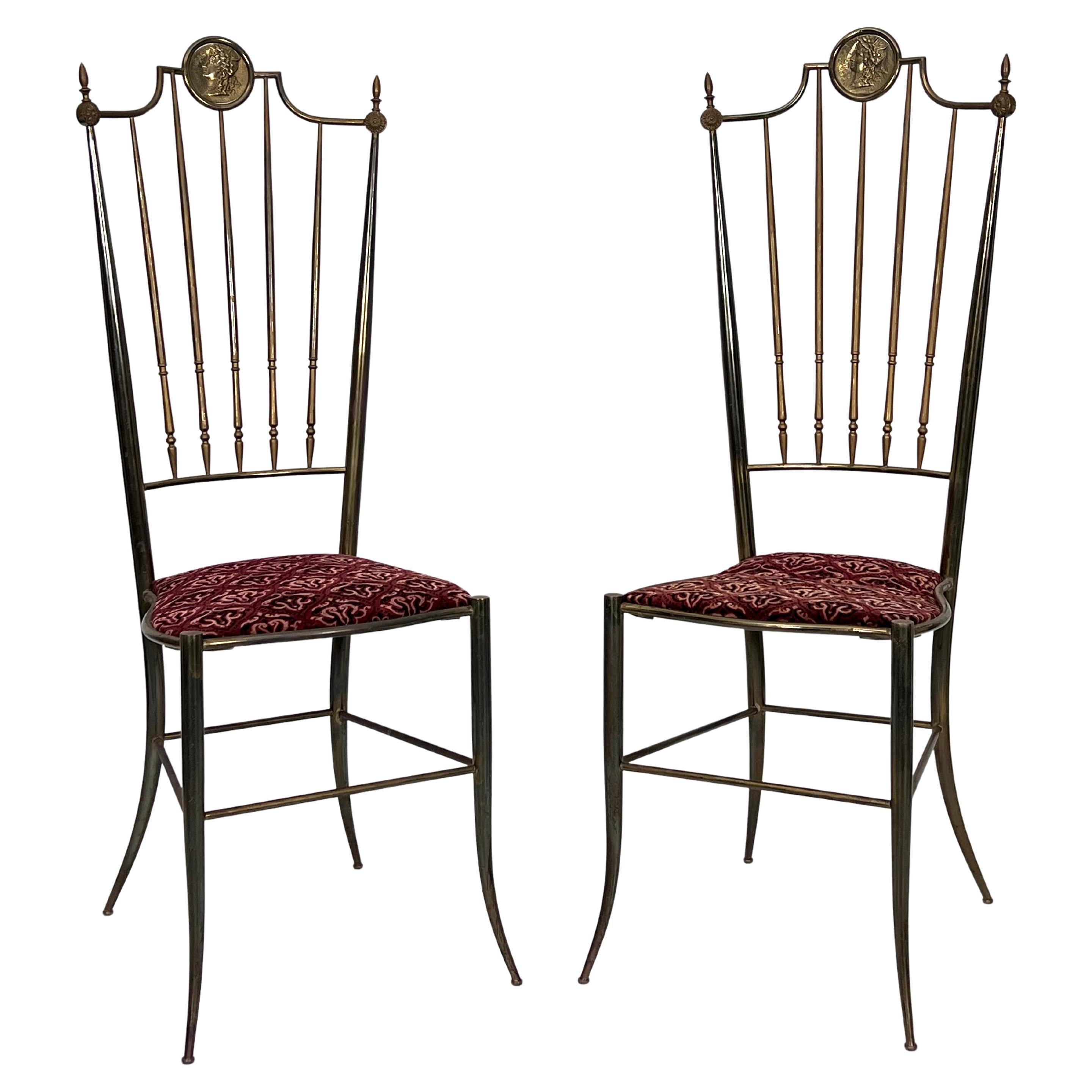 Vintage Pair of Brass Tall Chairs from Chiavari, Italy, 1950s For Sale