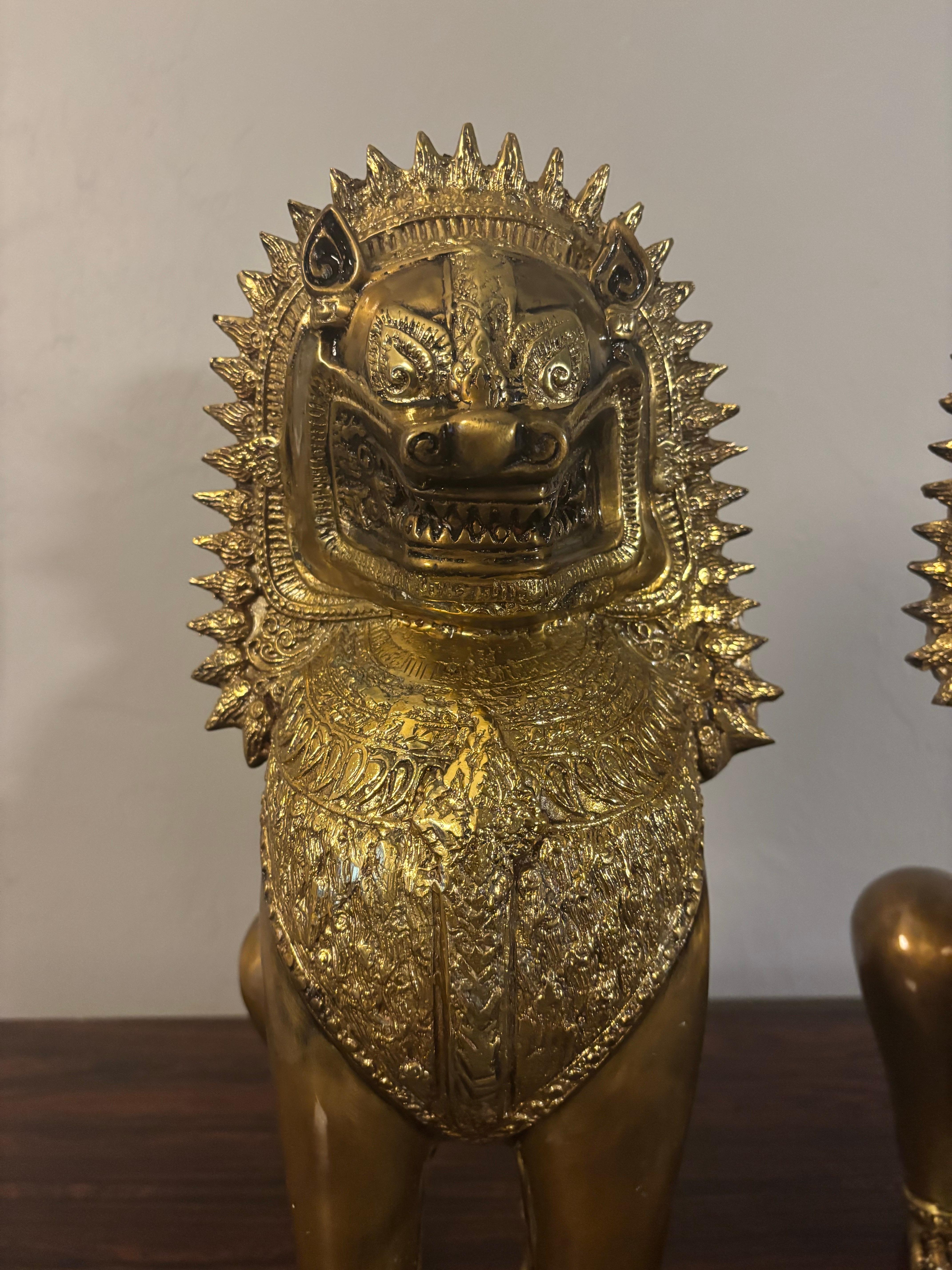 Chinese Export Vintage Pair of Brass Thai Khmer Lions For Sale