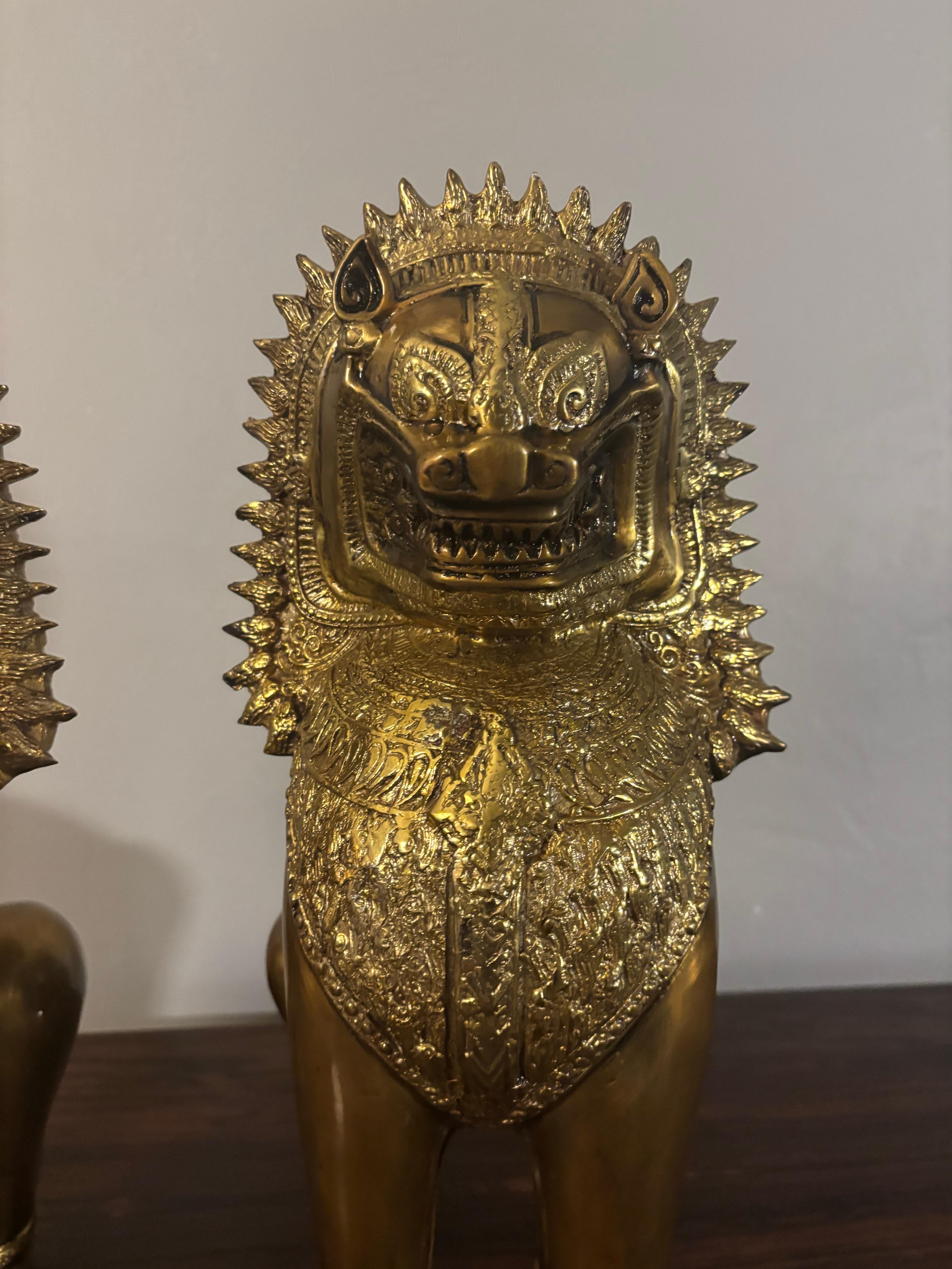 20th Century Vintage Pair of Brass Thai Khmer Lions For Sale