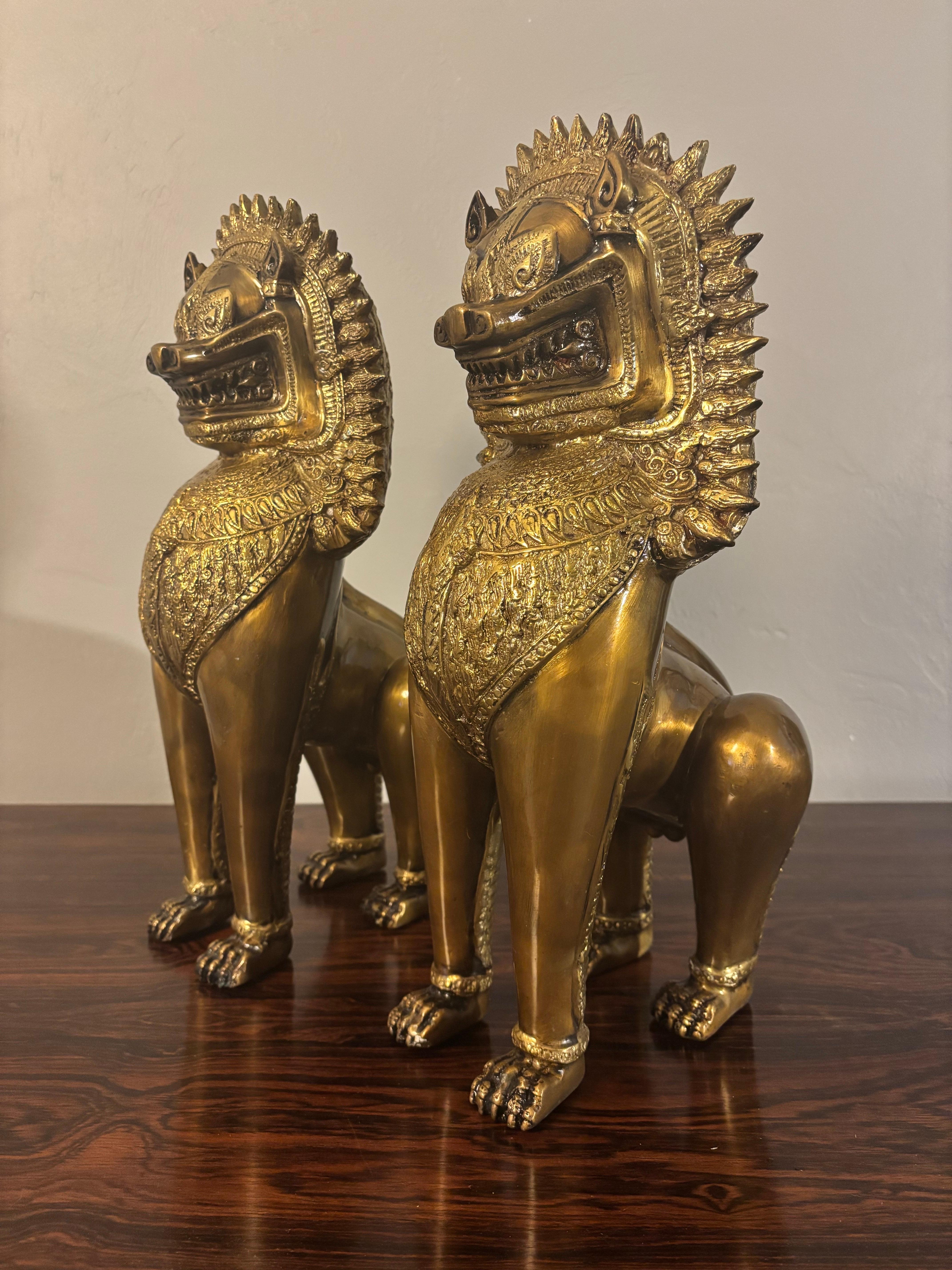 Vintage Pair of Brass Thai Khmer Lions For Sale 2