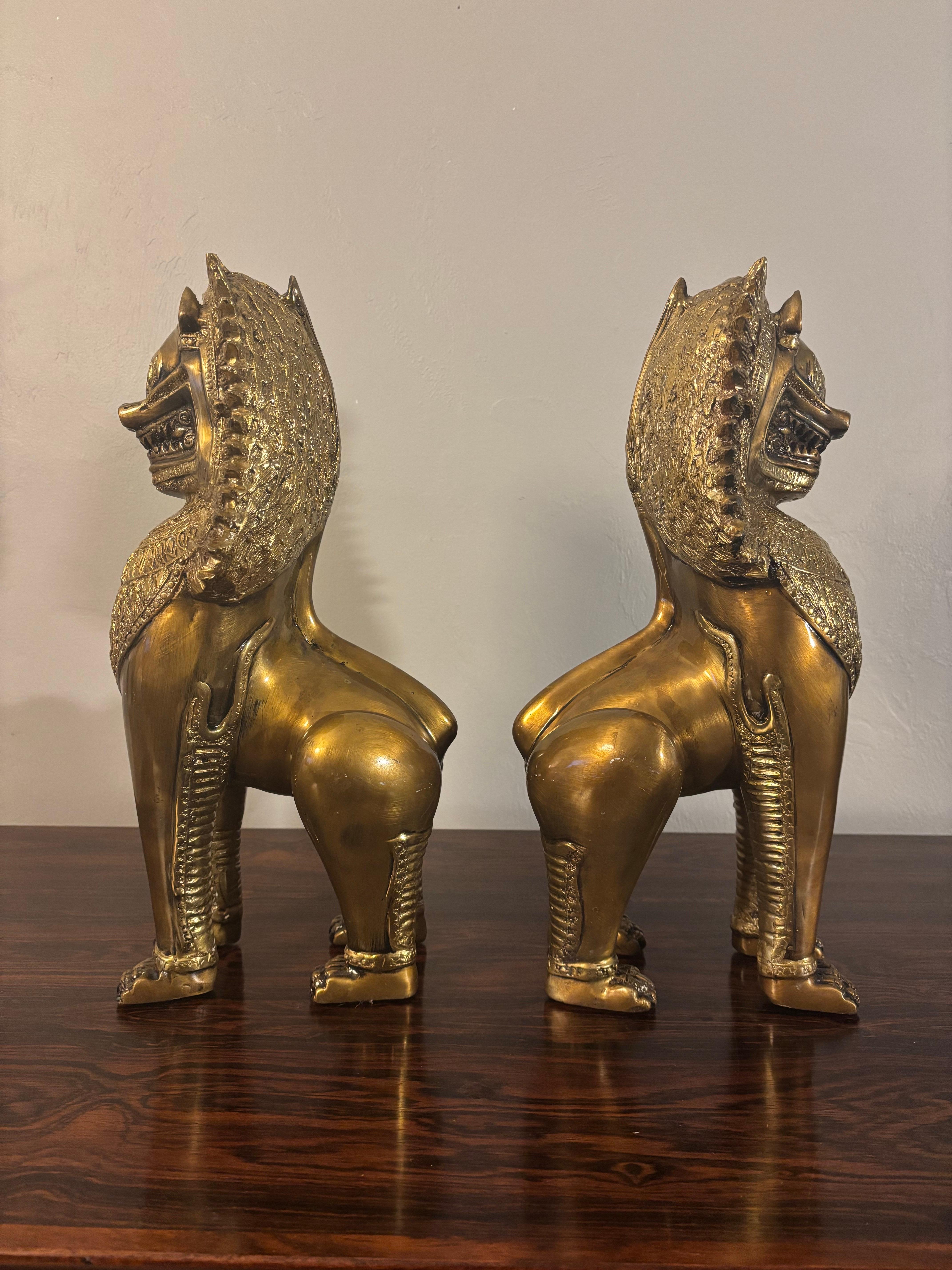 Vintage Pair of Brass Thai Khmer Lions For Sale 3