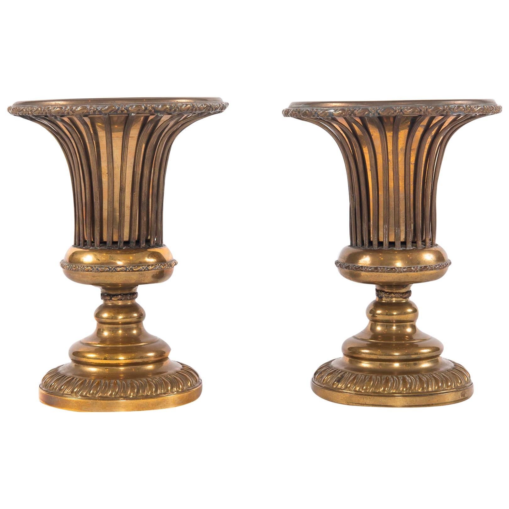 Vintage Pair of Brass Urns with Removable Liners