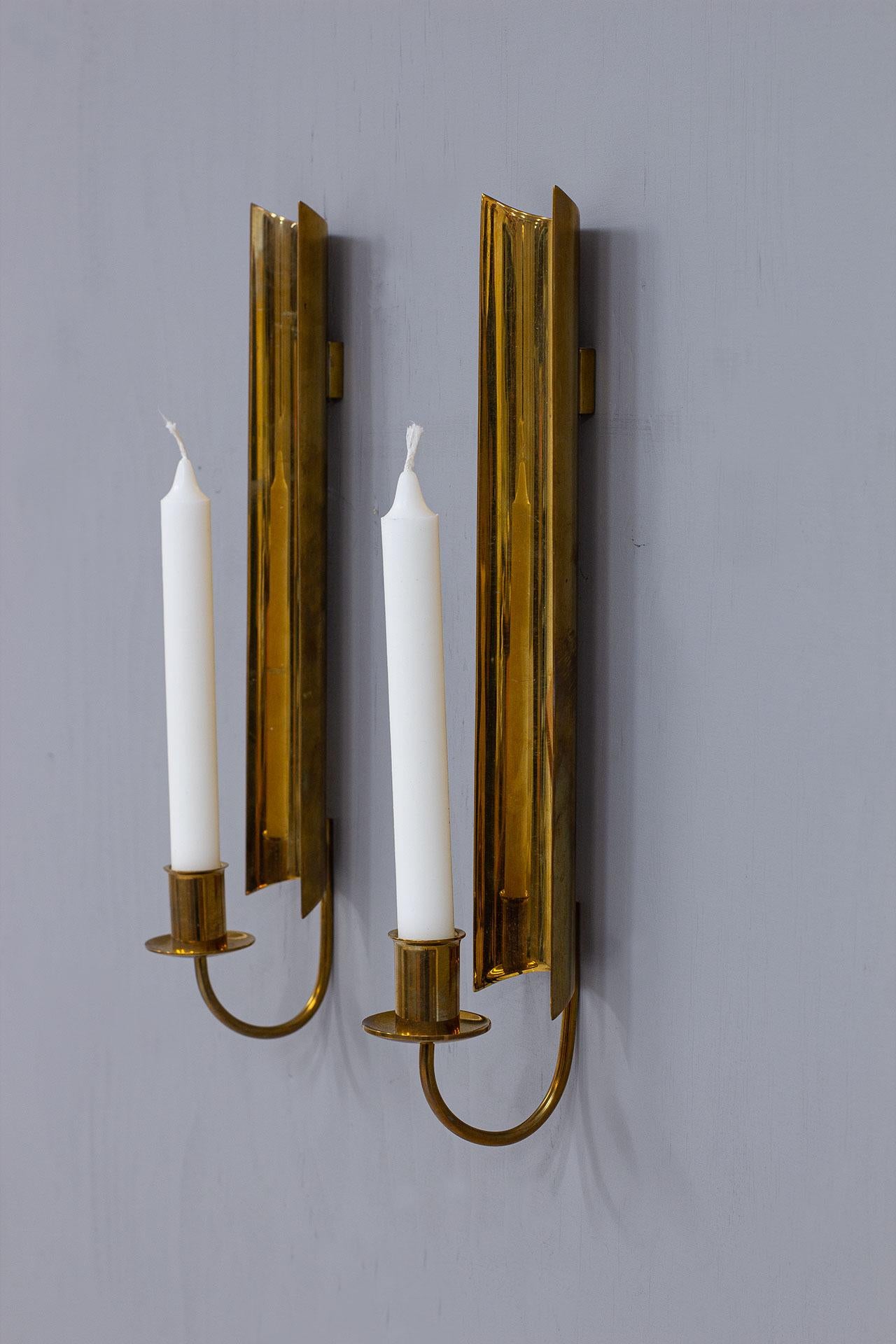 Scandinavian Modern Vintage Pair of Brass Wall Candlesticks, Reflex by Pierre Forssell for Skultuna