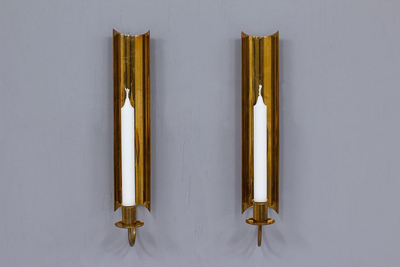 Scandinavian Modern Vintage Pair of Brass Wall Candlesticks, Reflex by Pierre Forssell for Skultuna