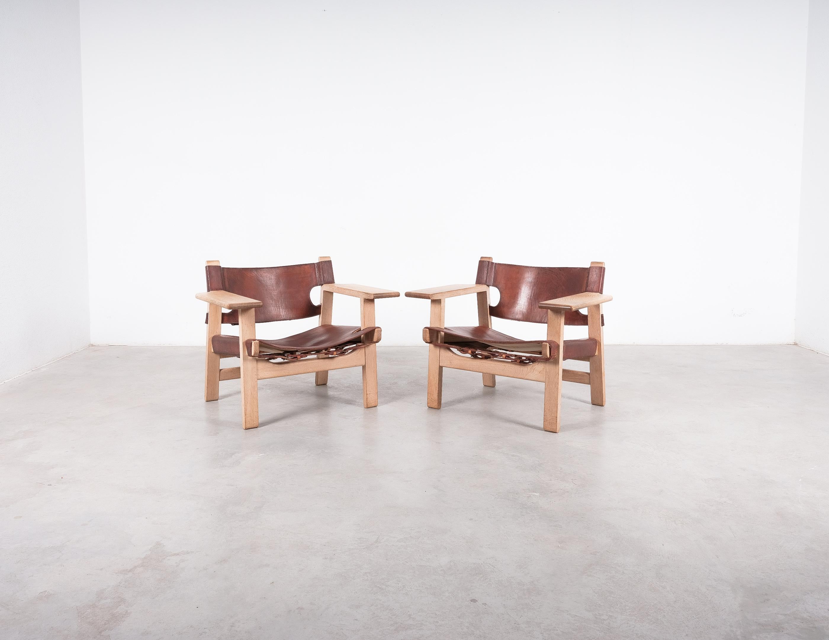 Vintage Paar Børge Mogensen Spanisch Stühle Eiche Leder, Dänemark, 1960er Jahre im Angebot 1