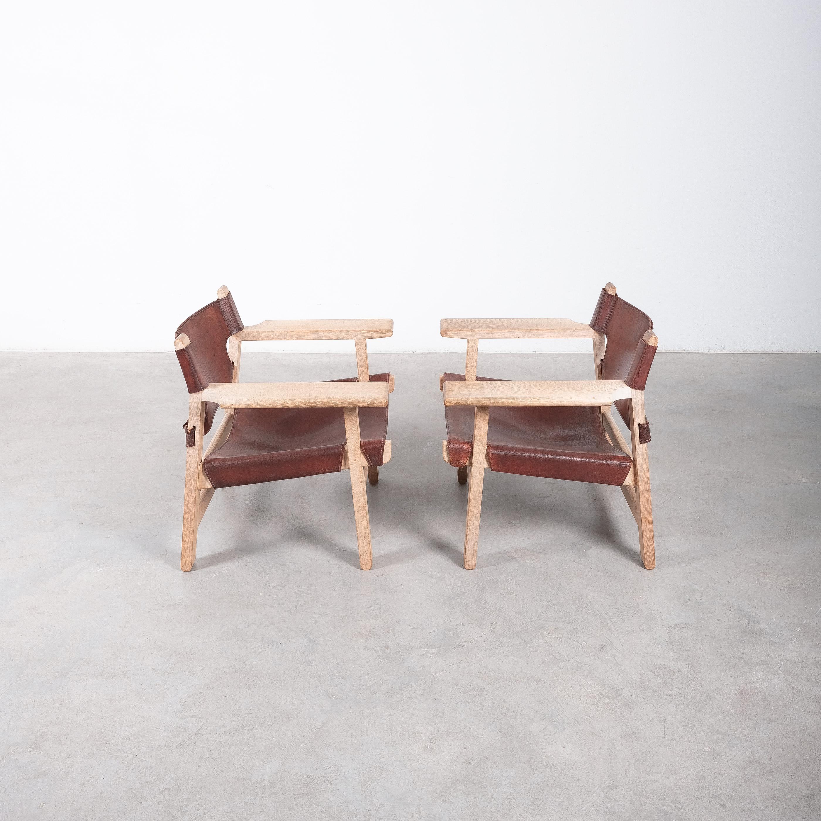 Vintage Paar Børge Mogensen Spanisch Stühle Eiche Leder, Dänemark, 1960er Jahre (Mitte des 20. Jahrhunderts) im Angebot