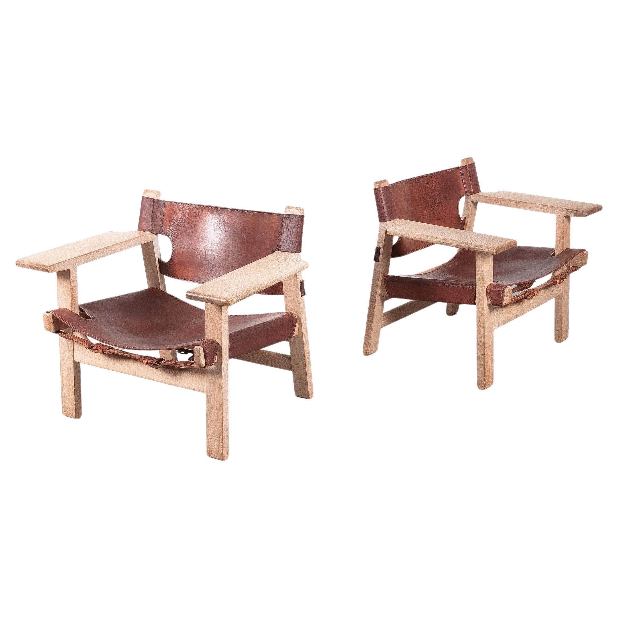 Vintage Pair of Børge Mogensen Spanish Chairs Oak Leather, Denmark, 1960s For Sale