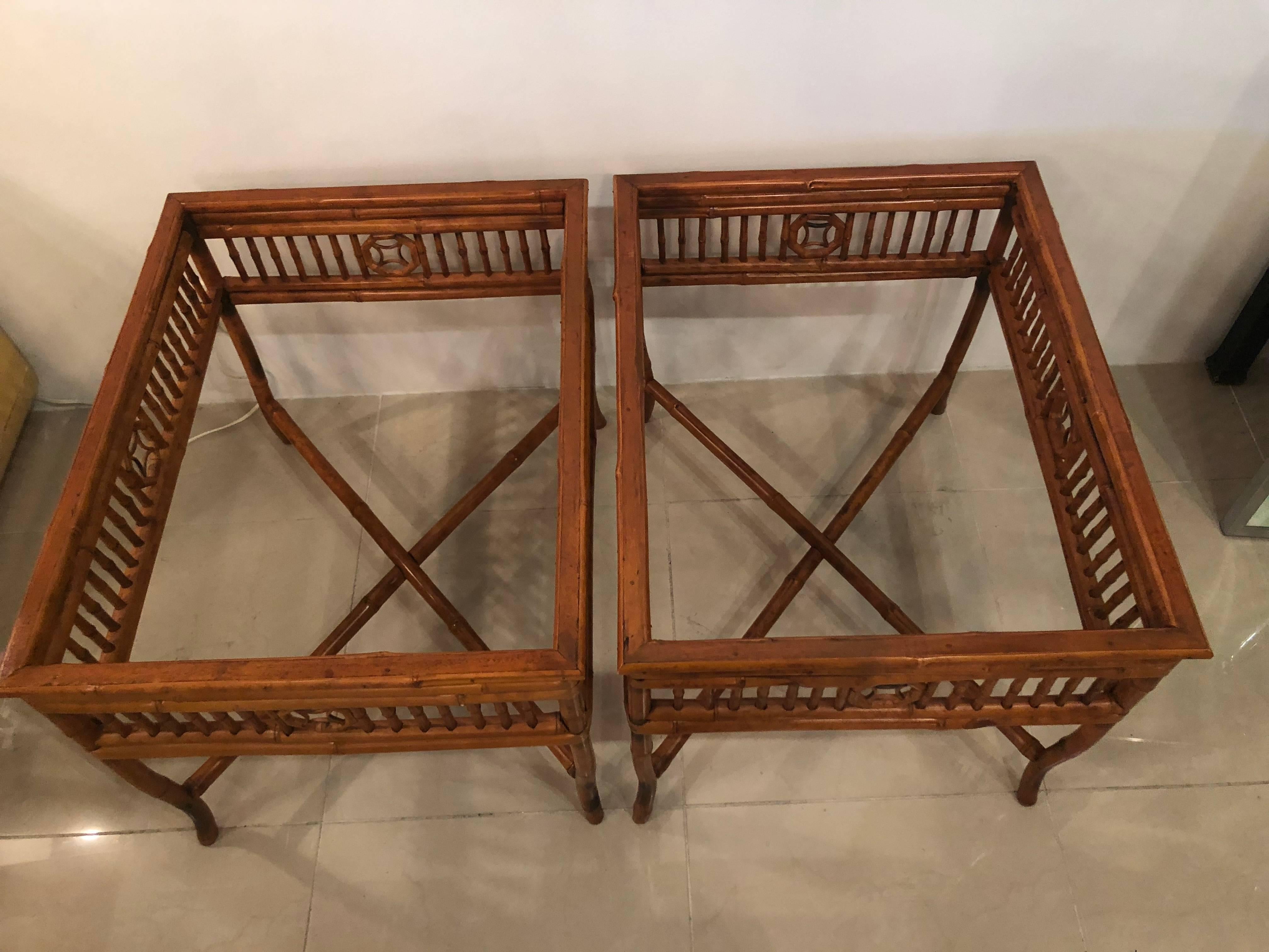 Vintage Pair of Brighton Style Burnt Bamboo End Side Tables 1
