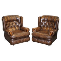 COPPIA D'EPOCA DI BRACCO IN PELLE MARRONE INVECCHIAMENTO Chesterfield