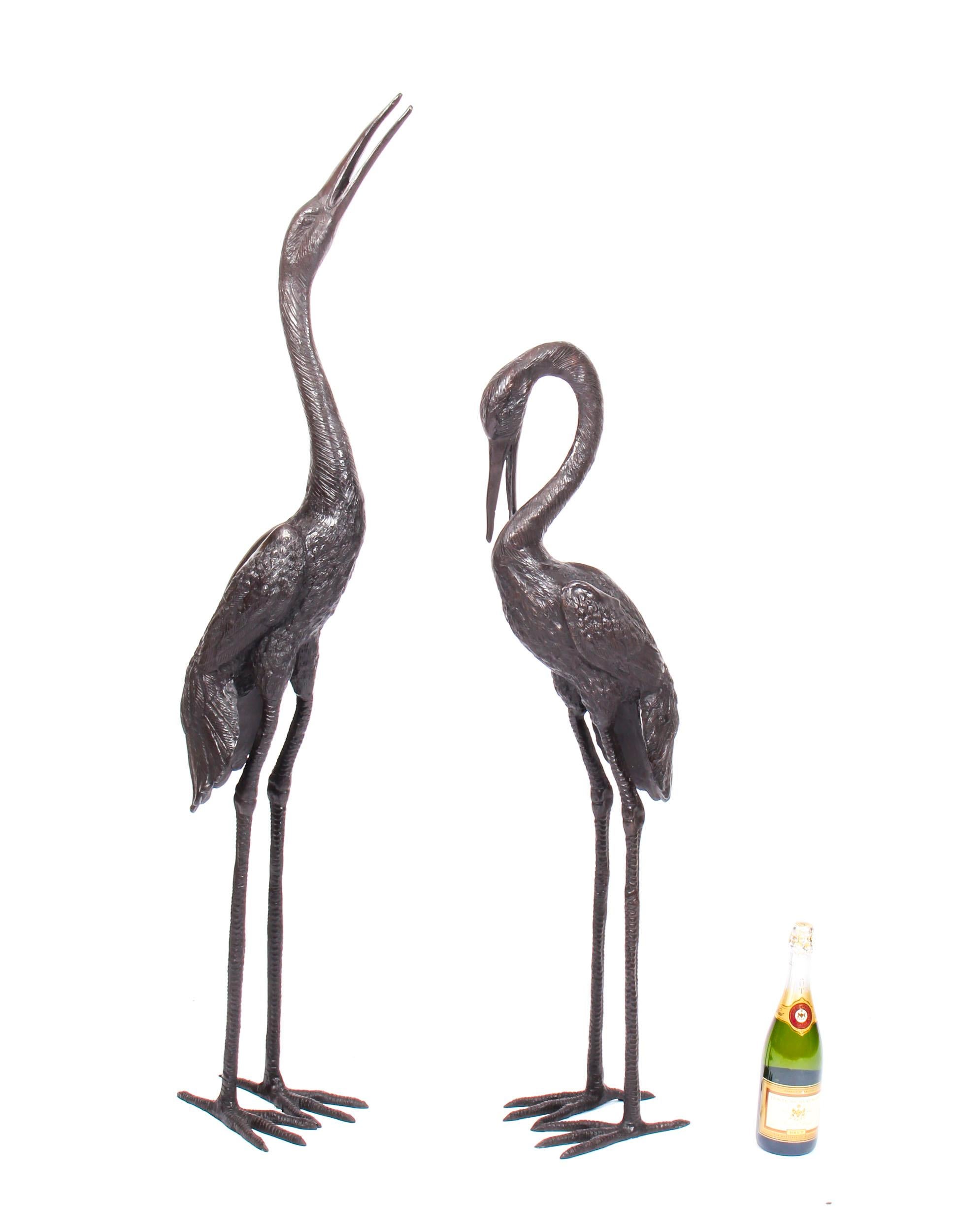 Vintage Pair of Bronze Cranes Brown Patina, Late 20th Century 8