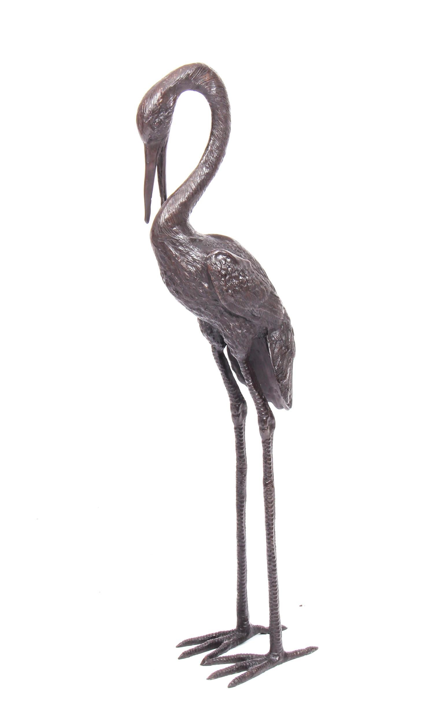 Vintage Pair of Bronze Cranes Brown Patina, Late 20th Century 5