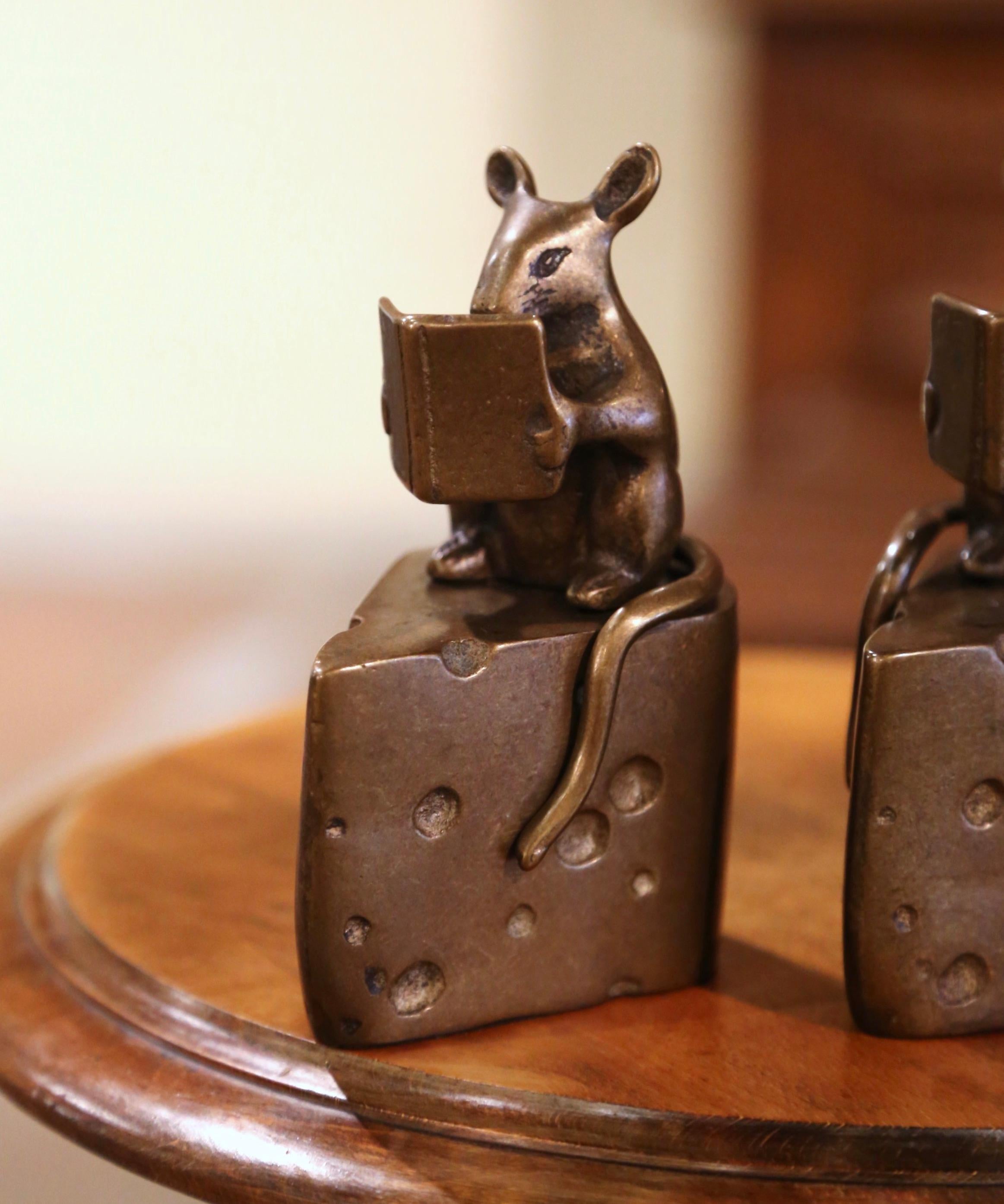 French Vintage Pair of Bronze Mouse Reading on Cheese Wedge Bookend Paper Weights