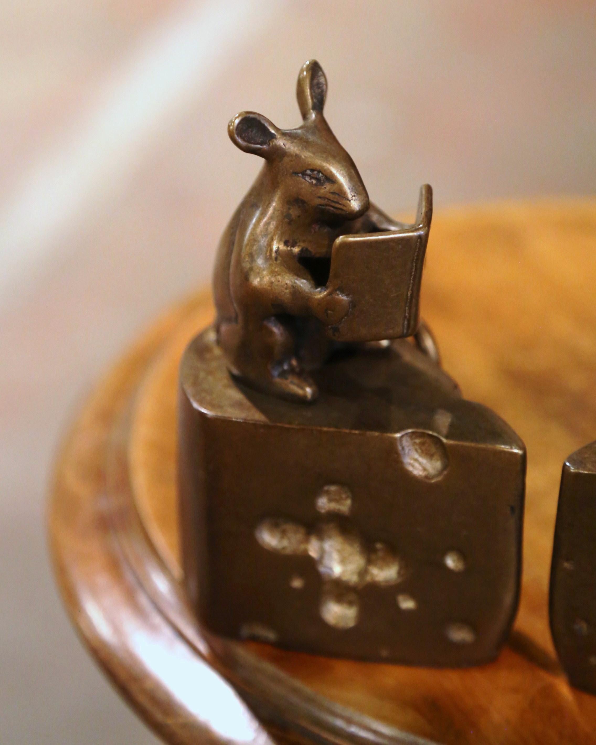 Vintage Pair of Bronze Mouse Reading on Cheese Wedge Bookend Paper Weights 1