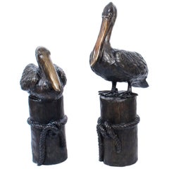 Vintage Pair of Bronze Pelicans on Mooring Posts, Late 20th Century