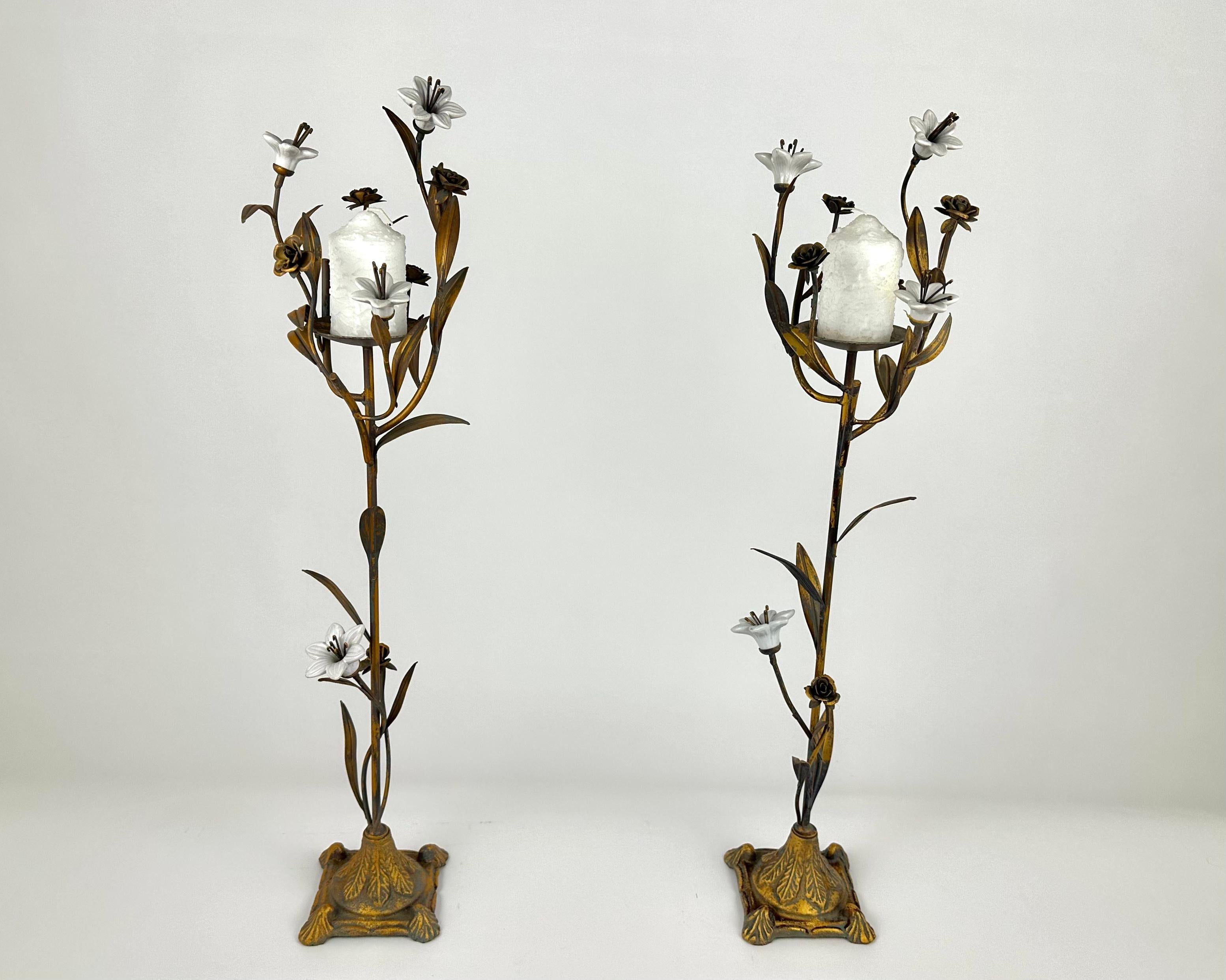 These lovely pair of candelabras, c. 1970, are from Italy and feature milk-porcelain lilies, gilt-bronze leaves and rosebuds.

These vintage floral candlestick holders are absolutely stunning.

The details on this piece are incredible - from the