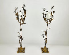 Vintage Pair of Bronze & Porcelain Floor Candelabra, Italy, 1970s
