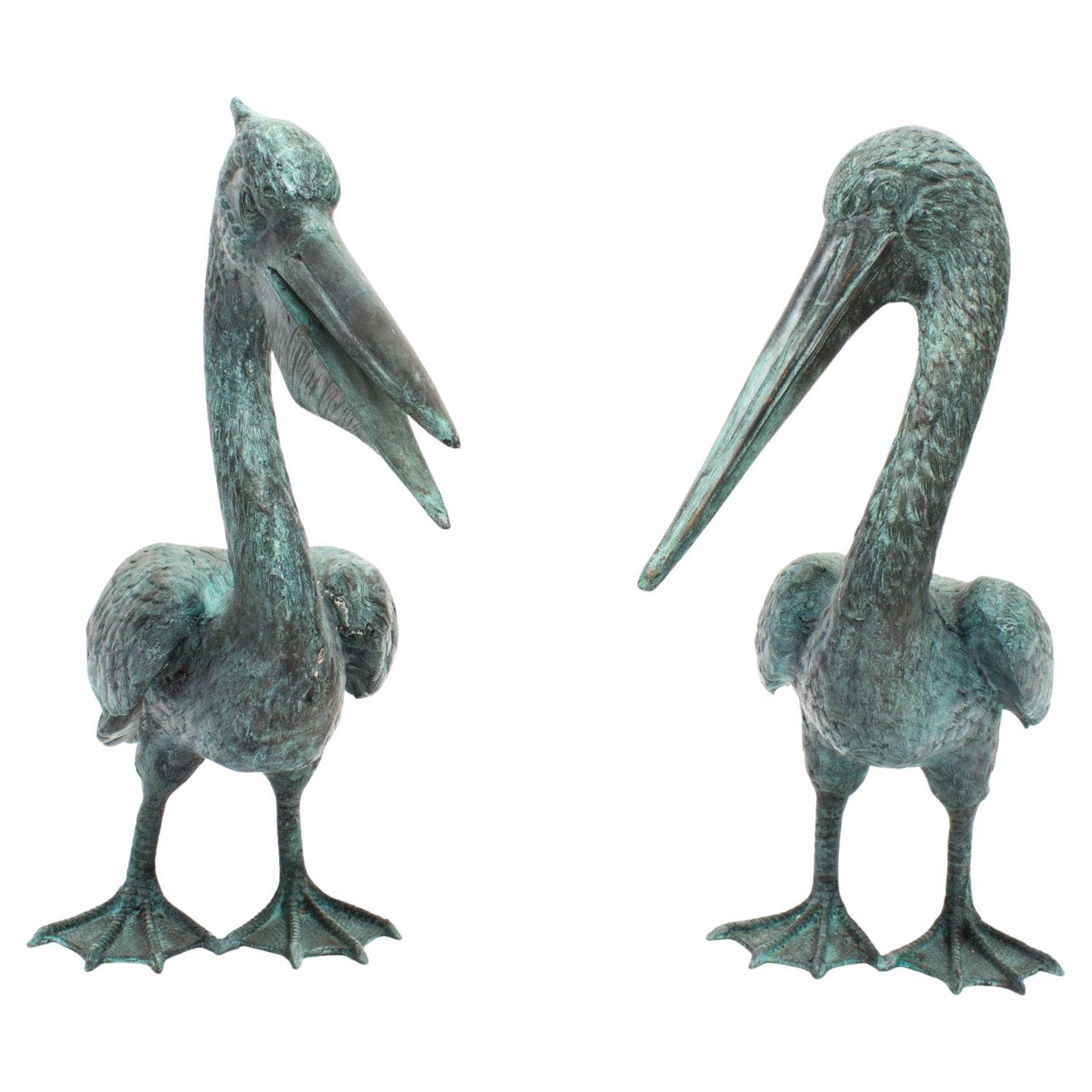 Vintage Pair of Bronze Verdigris Pelicans, 20th Century For Sale