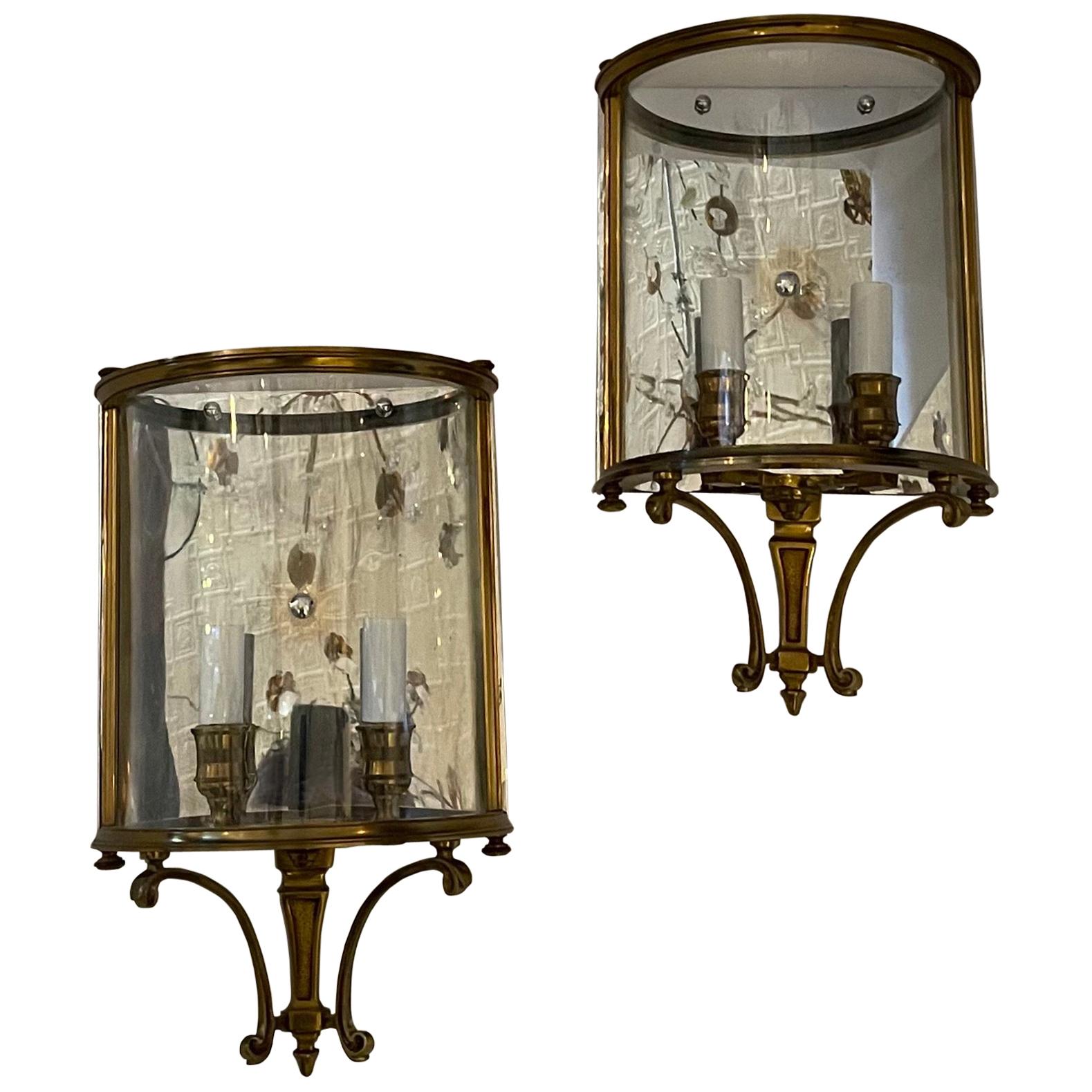 Vintage Pair of Bronze Wall Lantern Sconces Curved Glass Mirrored Back Vaughan For Sale