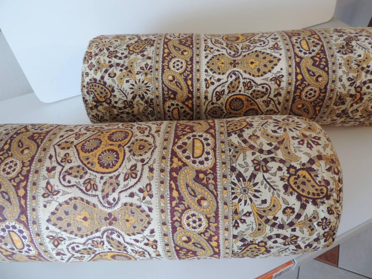 Moorish Vintage Pair of Brown and Yellow Paisley Round Decorative Bolsters For Sale