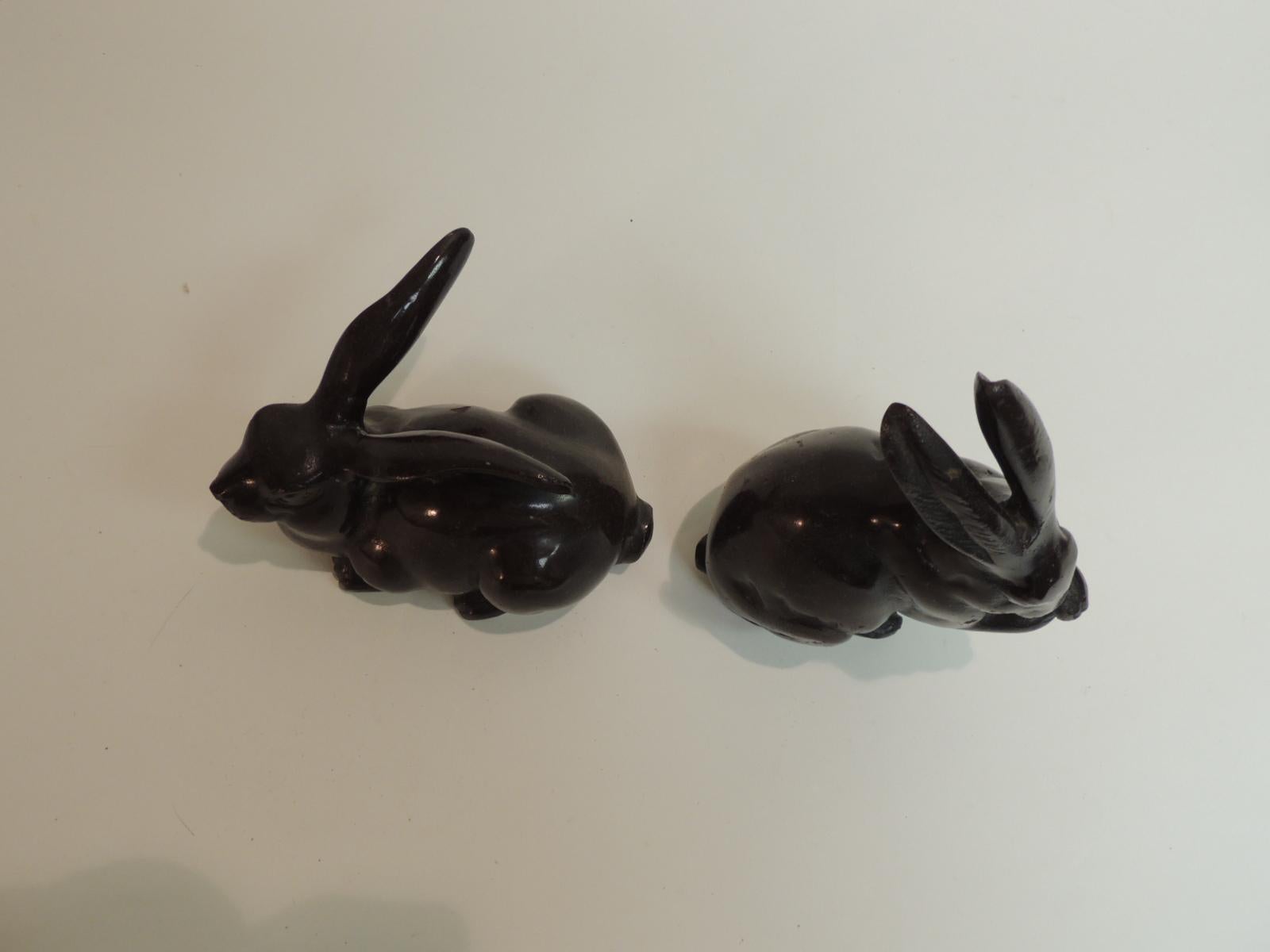 Bohemian Vintage Pair of Brown Cast Brass Painted Rabbits Figurines