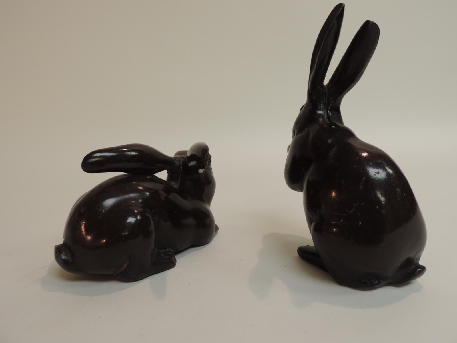 Hand-Crafted Vintage Pair of Brown Cast Brass Painted Rabbits Figurines