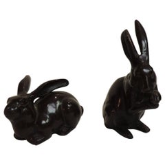 Vintage Pair of Brown Cast Brass Painted Rabbits Figurines