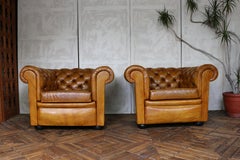 Vintage Pair of Brown Honey Leather Chesterfield Club Chairs — England, Circa 19