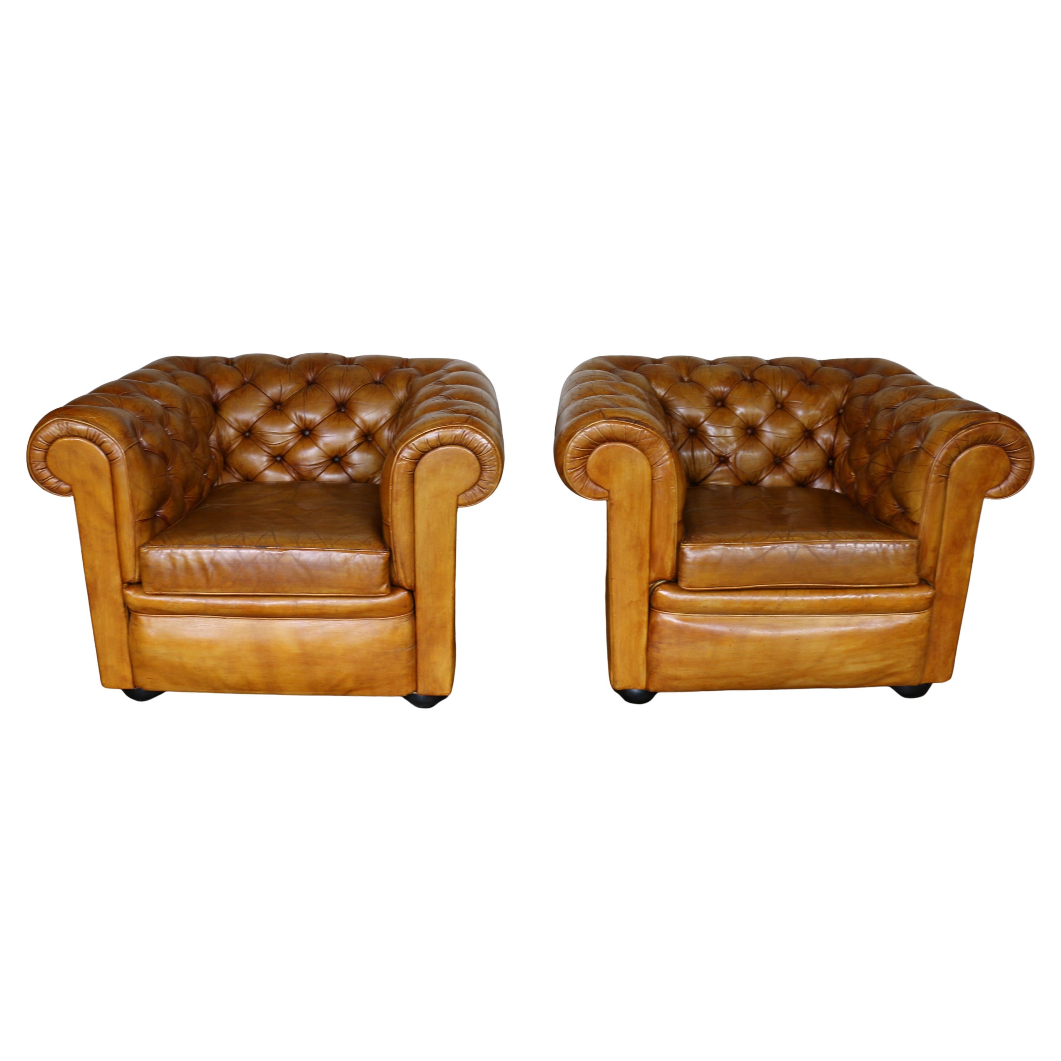 Vintage Pair of Brown Honey Leather Chesterfield Club Chairs — England, Circa 19 im Angebot