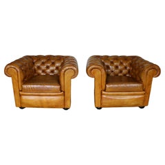 Vintage Pair of Brown Honey Leather Chesterfield Club Chairs — England, Circa 19