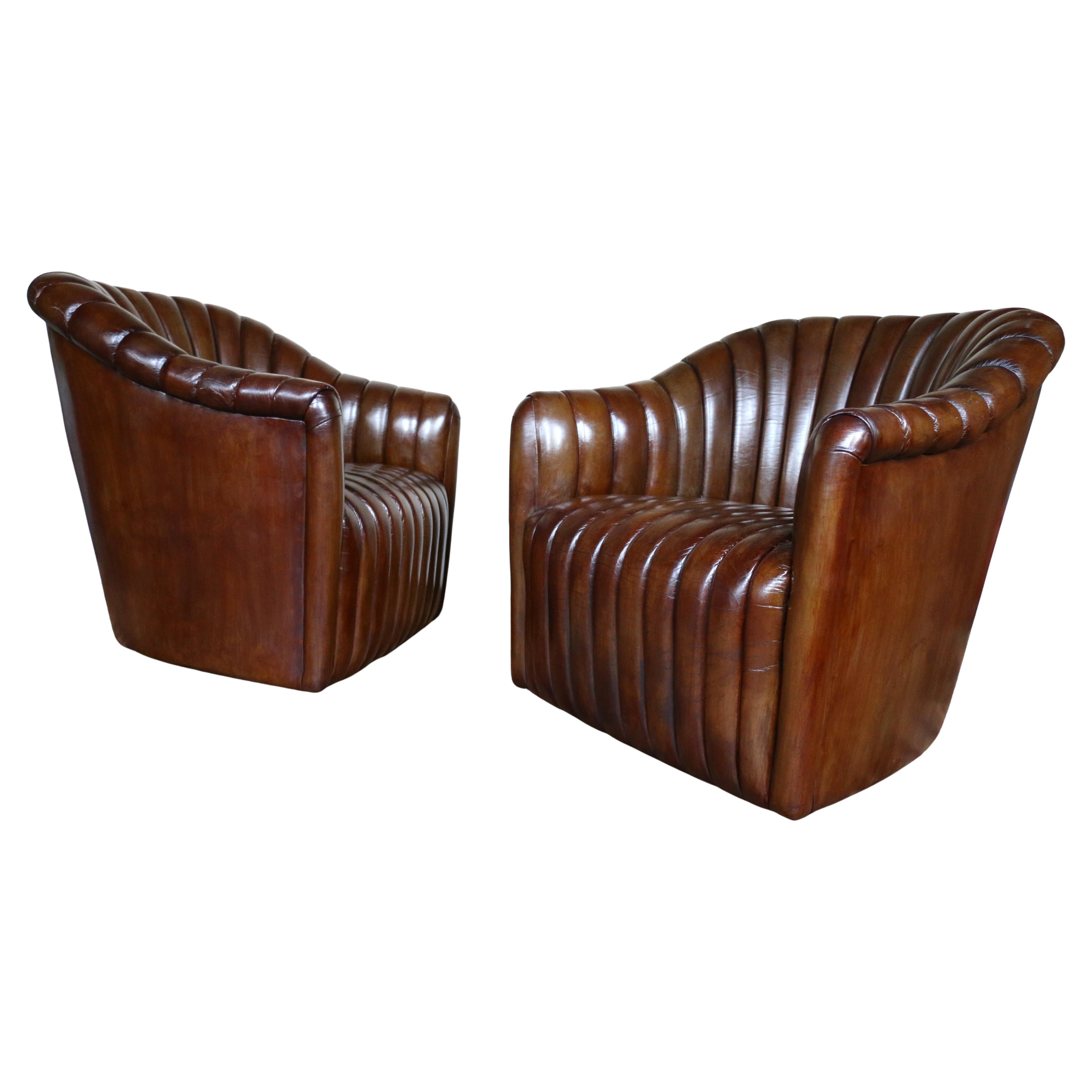 Vintage Pair of Brown Leather Channel-Tufted Club Chairs — Martin/Brattrud, 1987 en vente