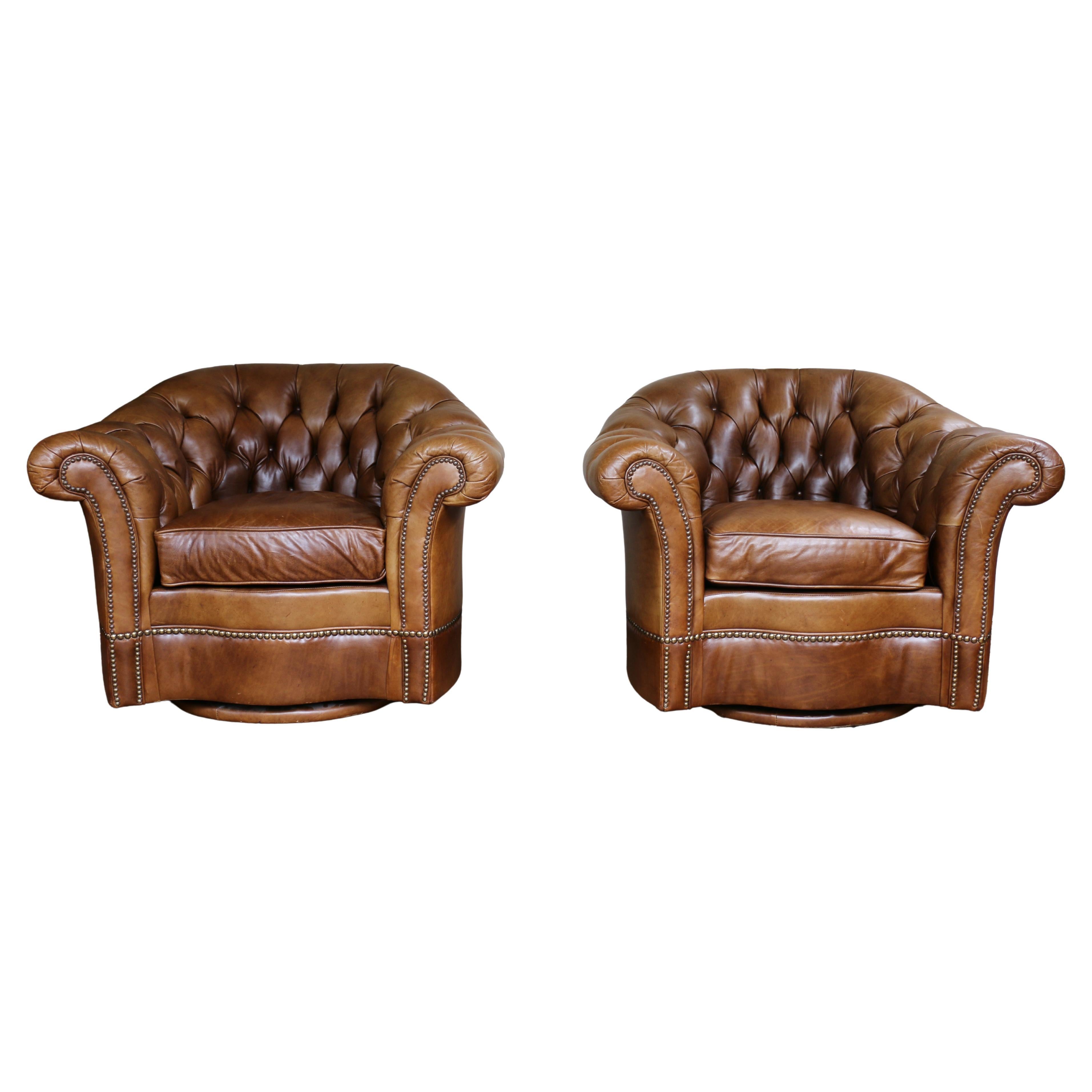 Vintage Pair of Brown Leather Chesterfield Swivel Club Chairs by Century Furnitu en vente