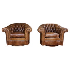 Vintage Pair of Brown Leather Chesterfield Swivel Club Chairs by Century Furnitu