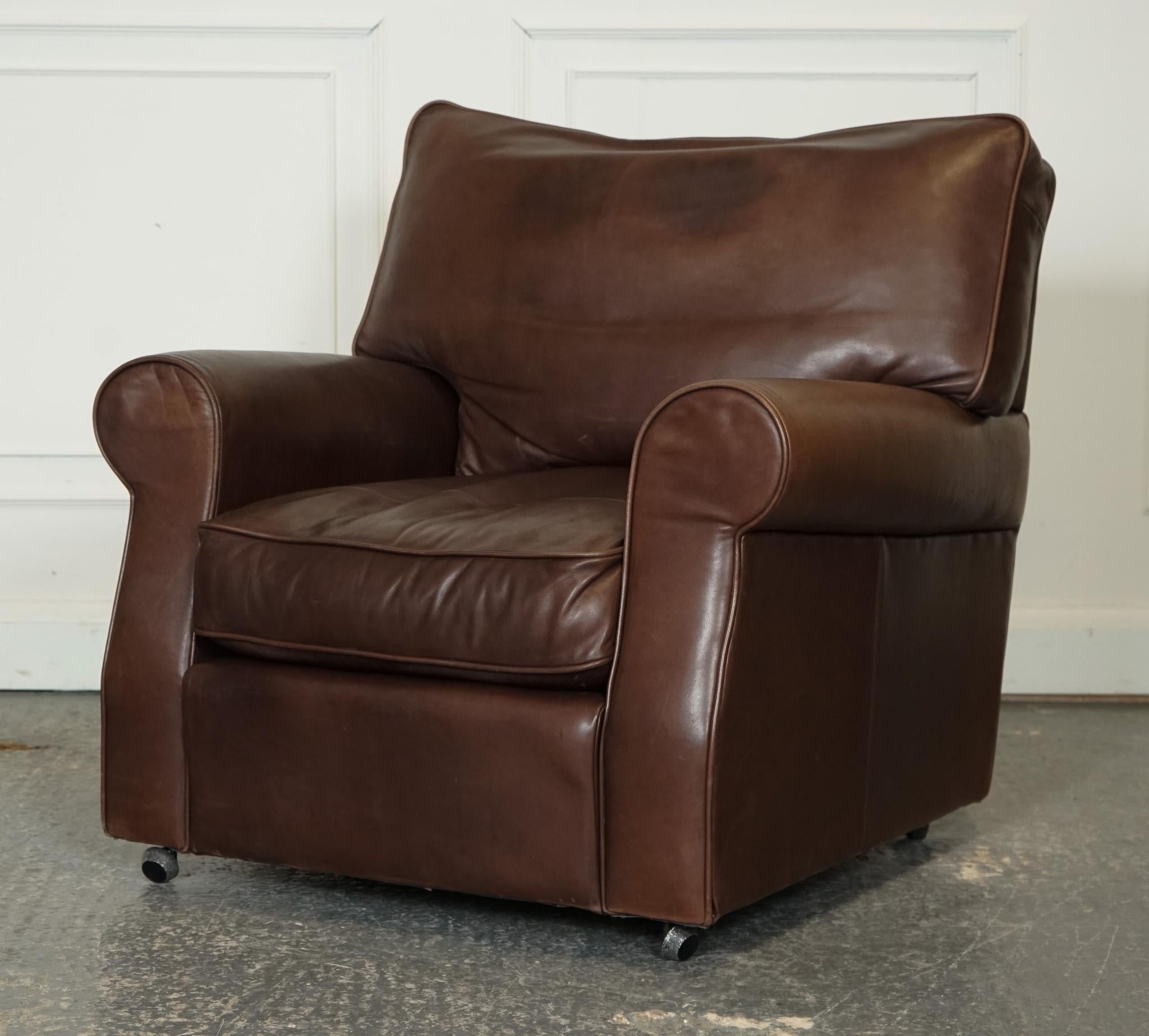 ViNTAGE PAIR OF BROWN LEATHER COLLINS & HAYES ARMCHAIRS FEATHER FILLED 3