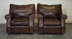 ViNTAGE PAIR OF BROWN LEATHER COLLINS & HAYES ARMCHAIRS FEATHER FILLED