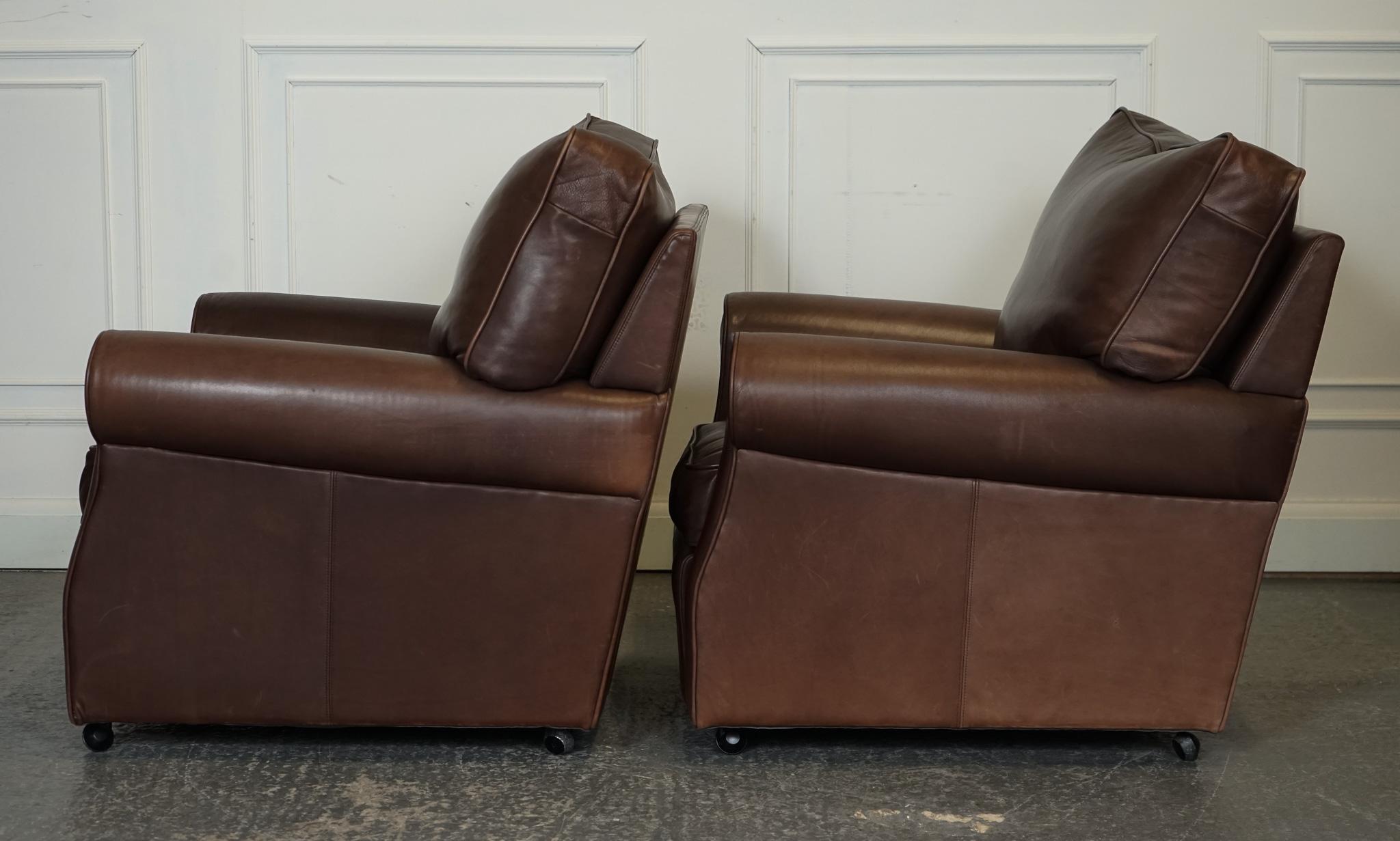 Hand-Crafted ViNTAGE PAIR OF BROWN LEATHER COLLINS & HAYES ARMCHAIRS FEATHER FILLED