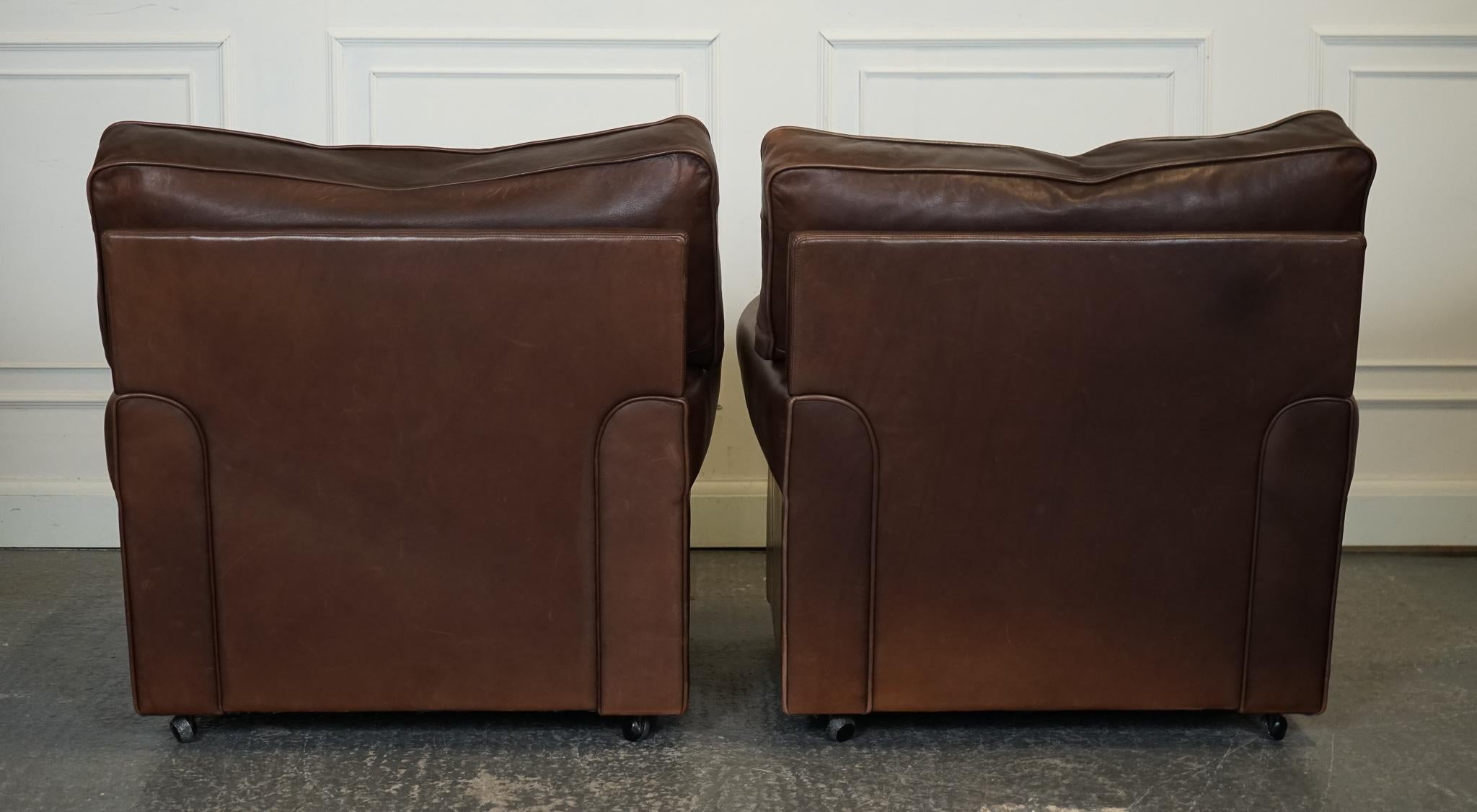 ViNTAGE PAIR OF BROWN LEATHER COLLINS & HAYES ARMCHAIRS FEATHER FILLED In Good Condition In Pulborough, GB