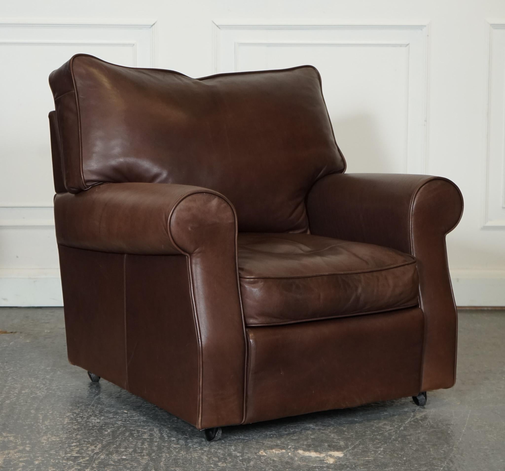 20th Century ViNTAGE PAIR OF BROWN LEATHER COLLINS & HAYES ARMCHAIRS FEATHER FILLED