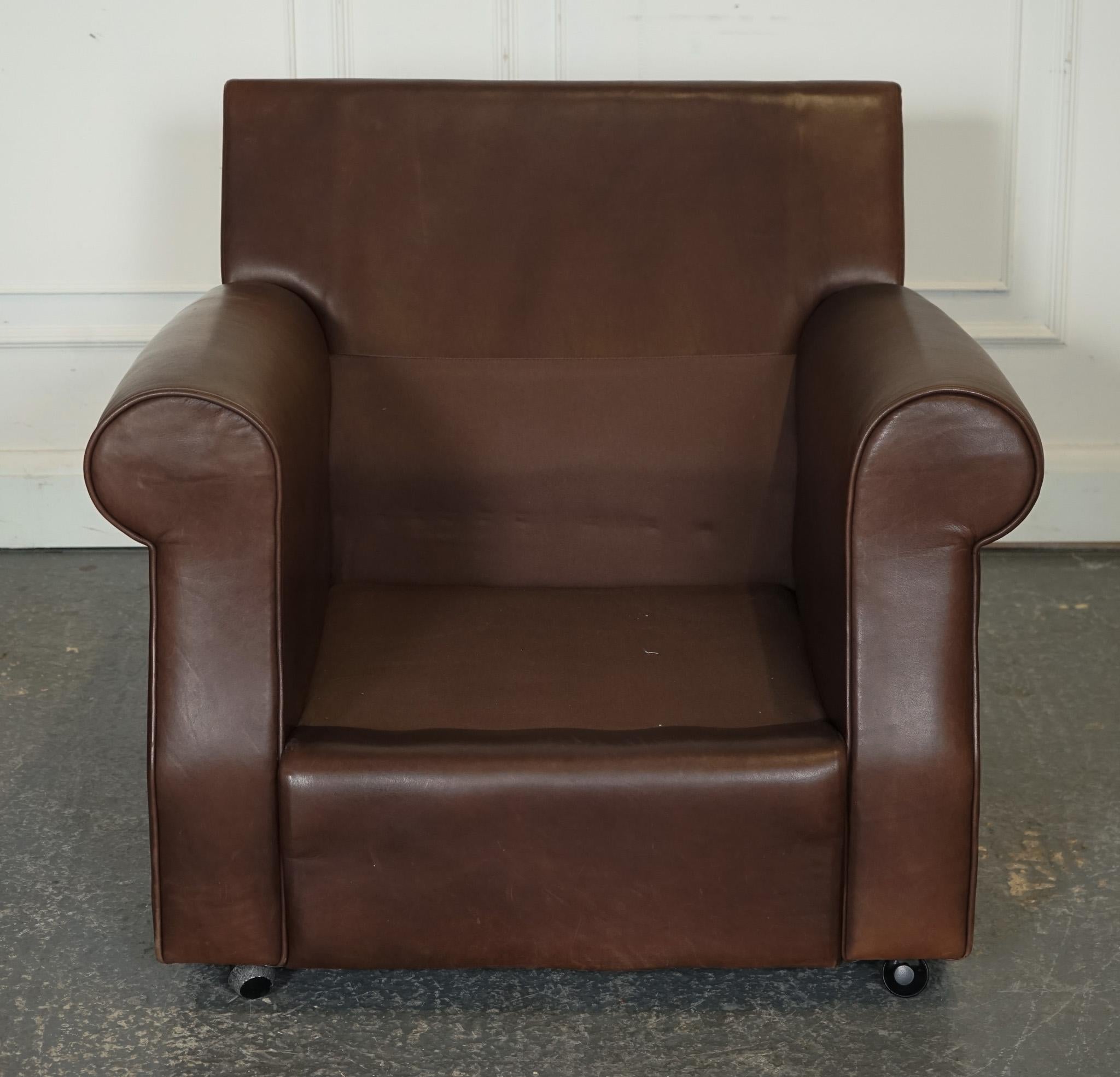 ViNTAGE PAIR OF BROWN LEATHER COLLINS & HAYES ARMCHAIRS FEATHER FILLED 2