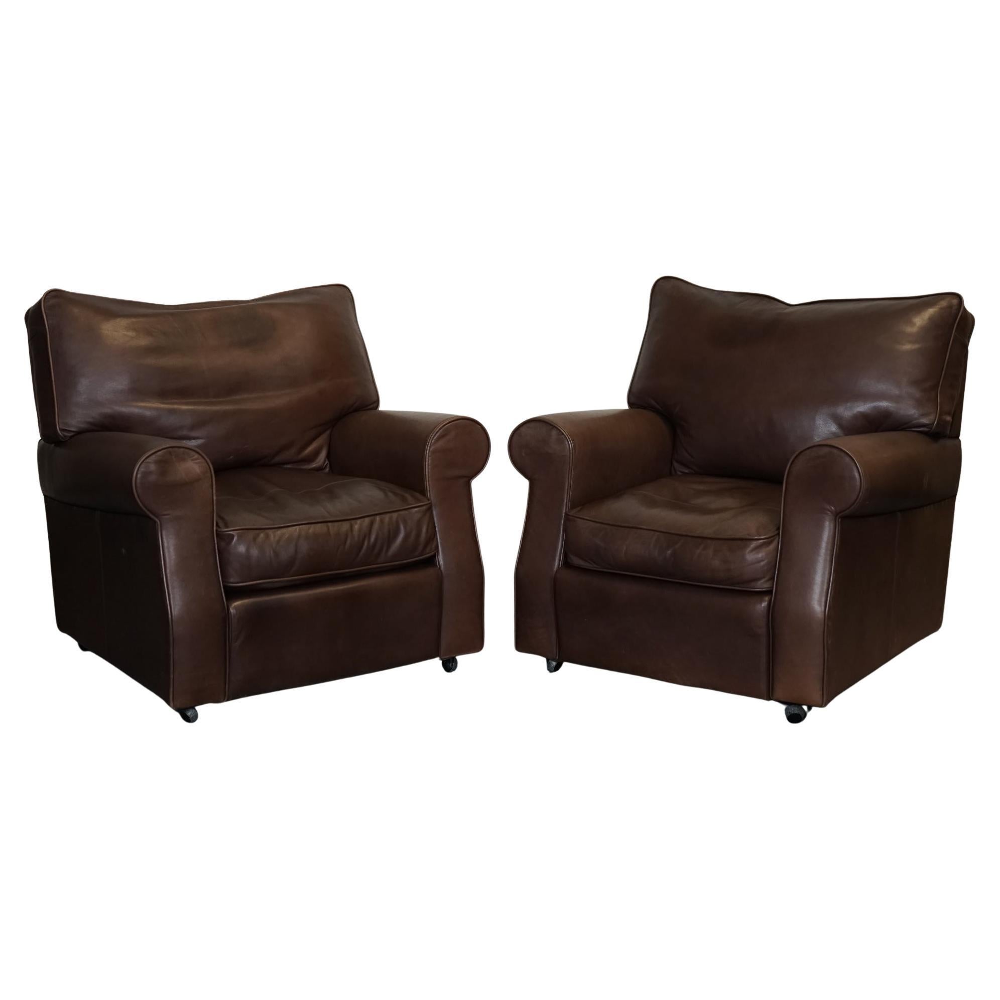 ViNTAGE PAIR OF BROWN LEATHER COLLINS & HAYES ARMCHAIRS FEATHER FILLED