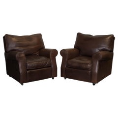 ViNTAGE PAIR OF BROWN LEATHER COLLINS & HAYES ARMCHAIRS FEATHER FILLED