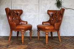 Vintage Pair of Brown Leather Tufted Side Chairs by Century Furniture