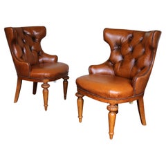 Vintage Pair of Brown Leather Tufted Side Chairs by Century Furniture