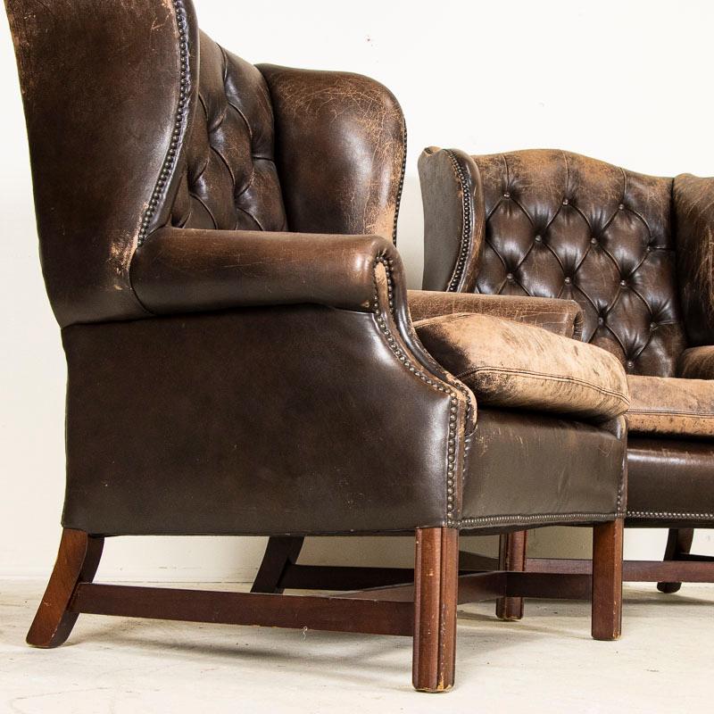 Vintage Pair of Brown Leather Wingback Arm Chairs 9