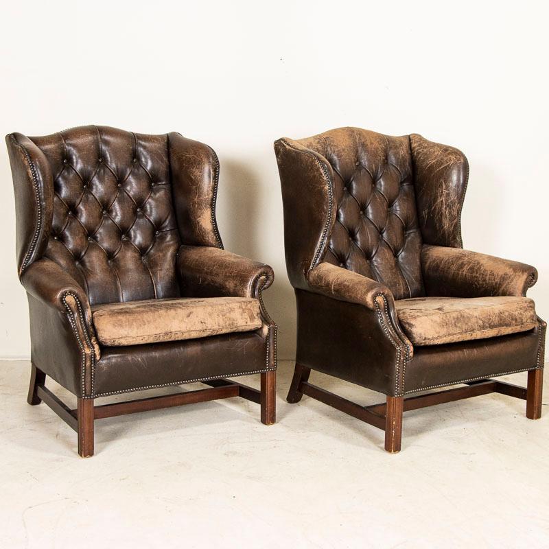 Danish Vintage Pair of Brown Leather Wingback Arm Chairs