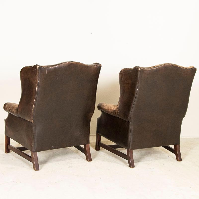 20th Century Vintage Pair of Brown Leather Wingback Arm Chairs