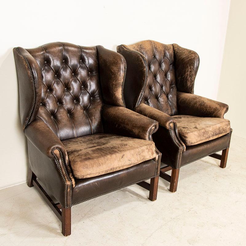 Vintage Pair of Brown Leather Wingback Arm Chairs 1