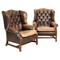 Vintage Pair of Brown Leather Wingback Arm Chairs