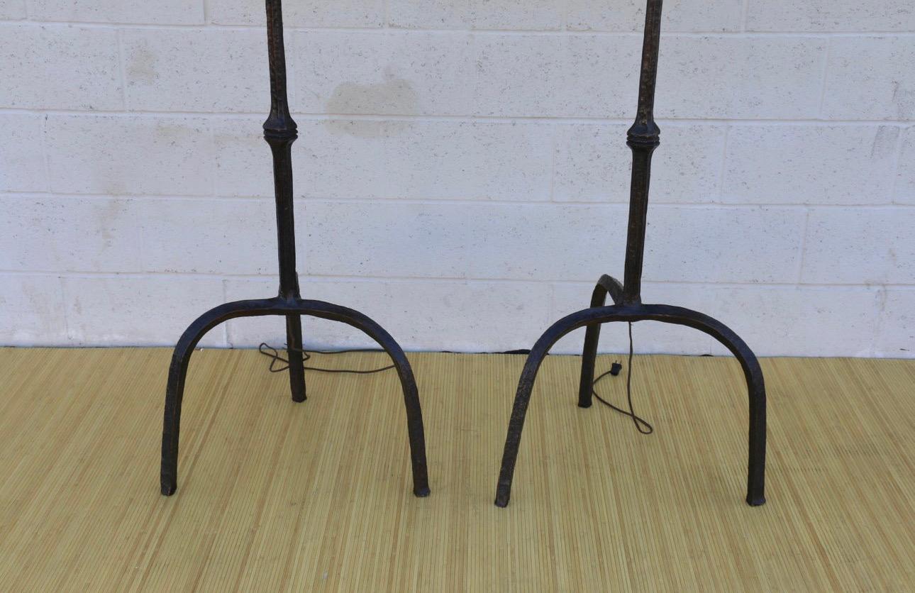 Vintage Pair of Brutalist Bronze Tripod Base Floor Lamps with Goatskin Lampshade In Fair Condition For Sale In North Hollywood, CA