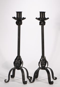 Vintage Pair of Brutalist Candle Holders, Hand Forged Wrought Iron